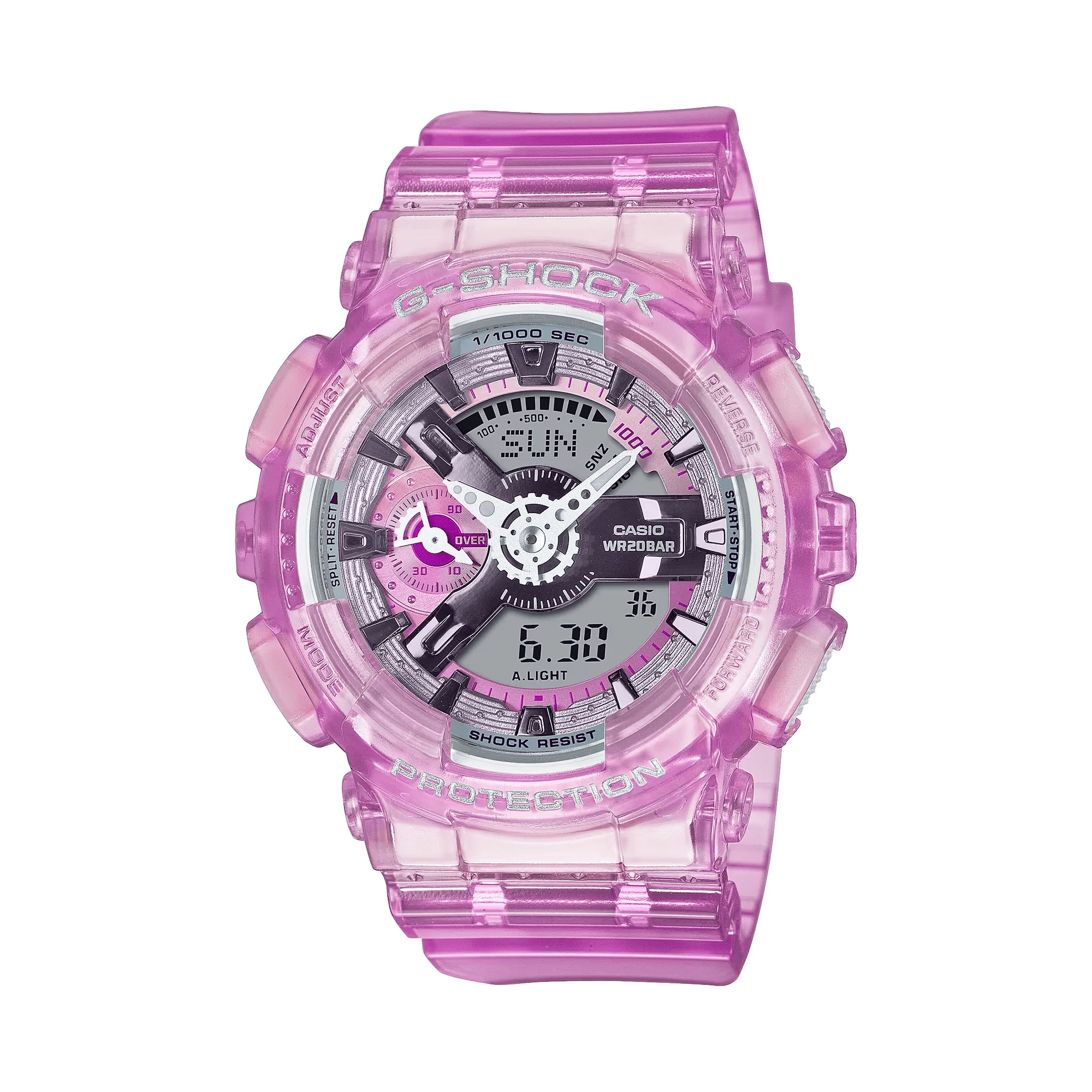 Casio G-SHOCK GMA-S110VW-4A analogue digital watch with transparent pink resin band, layered dial, and shock-resistant design.