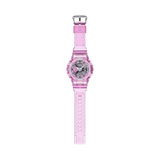 Casio G-SHOCK GMA-S110VW-4A analogue digital watch with transparent pink resin band, layered dial, and shock-resistant design.