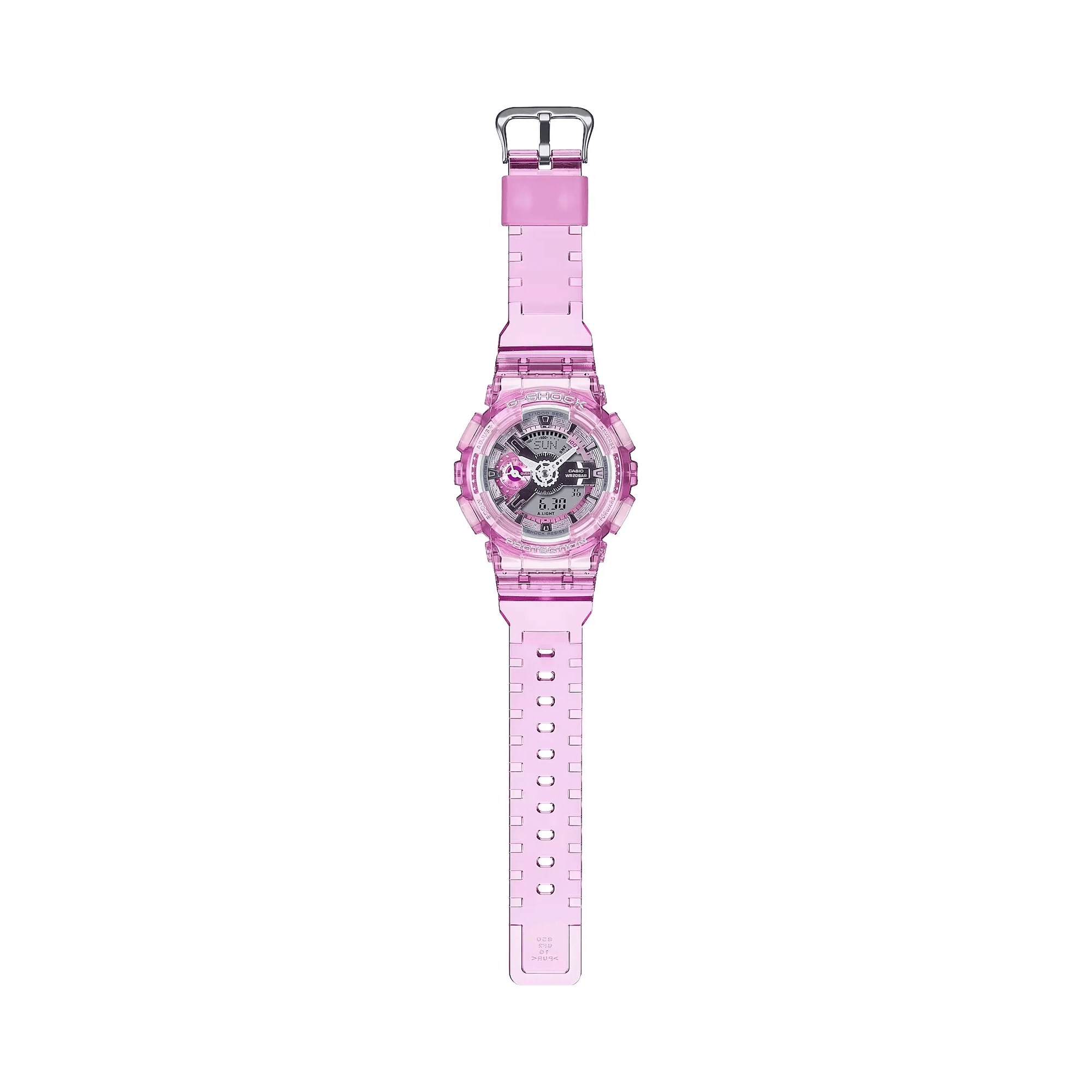 Casio G-SHOCK GMA-S110VW-4A analogue digital watch with transparent pink resin band, layered dial, and shock-resistant design.