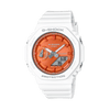 Casio G-SHOCK GMA-S2100WS-7A analogue digital watch with white resin band, metallic orange dial, octagonal bezel, and shock-resistant design.