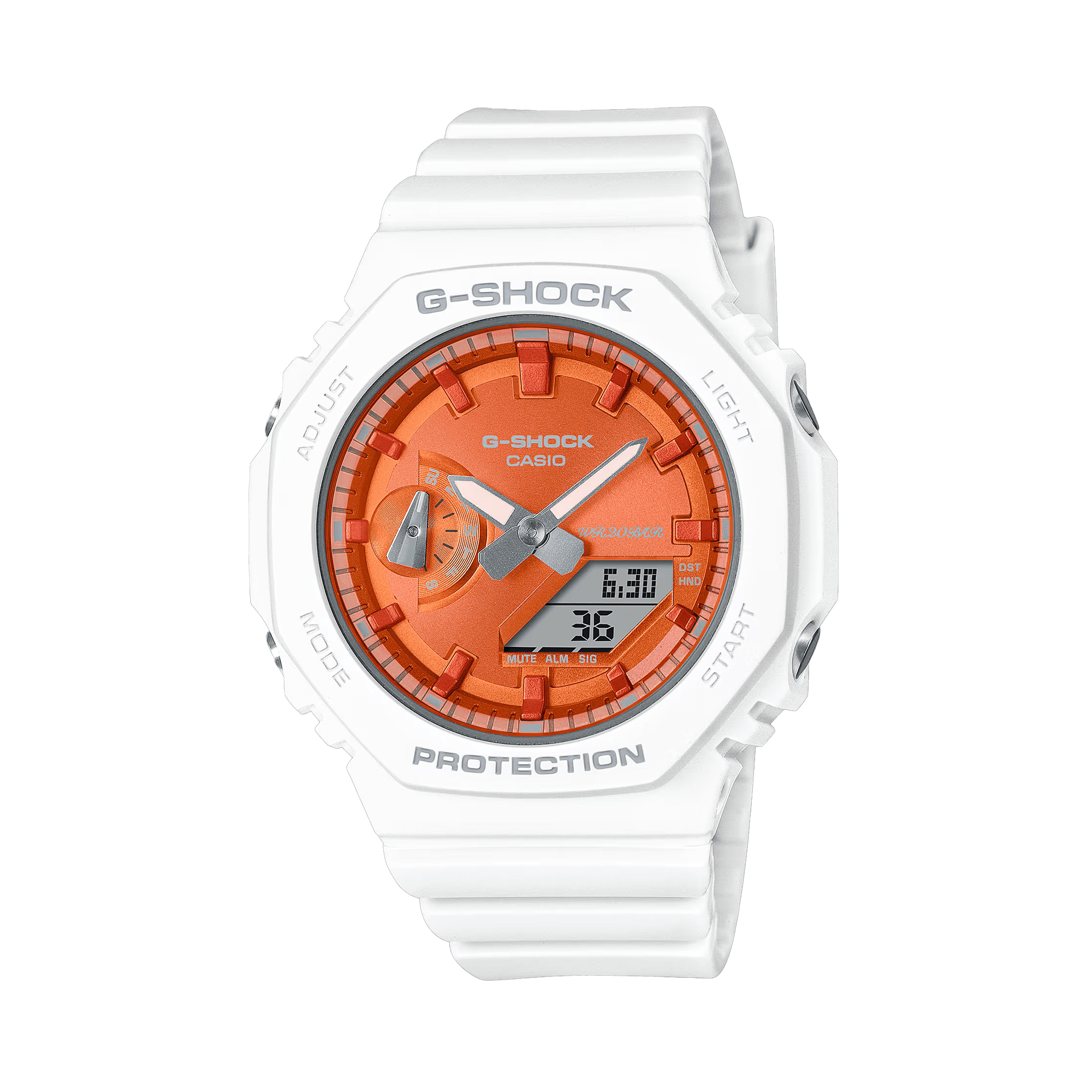 Casio G-SHOCK GMA-S2100WS-7A analogue digital watch with white resin band, metallic orange dial, octagonal bezel, and shock-resistant design.