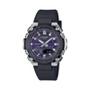 Casio G-SHOCK GSTB600A-1A6 analogue digital solar watch with black resin band, purple dial, stainless steel bezel, and Bluetooth connectivity.