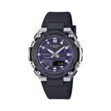 Casio G-SHOCK GSTB600A-1A6 analogue digital solar watch with black resin band, purple dial, stainless steel bezel, and Bluetooth connectivity.