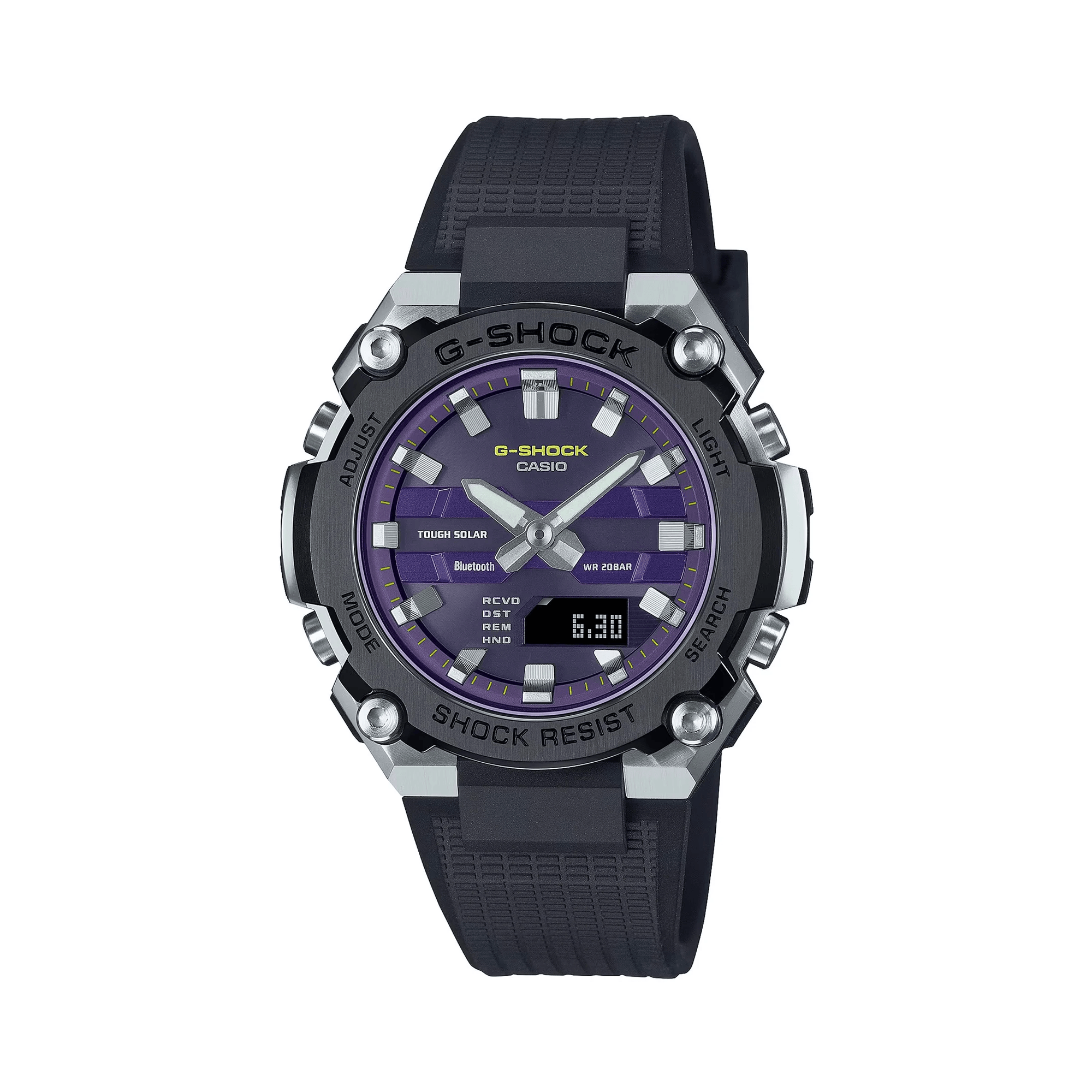 Casio G-SHOCK GSTB600A-1A6 analogue digital solar watch with black resin band, purple dial, stainless steel bezel, and Bluetooth connectivity.