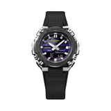 Casio G-SHOCK GSTB600A-1A6 analogue digital solar watch with black resin band, purple dial, stainless steel bezel, and Bluetooth connectivity.