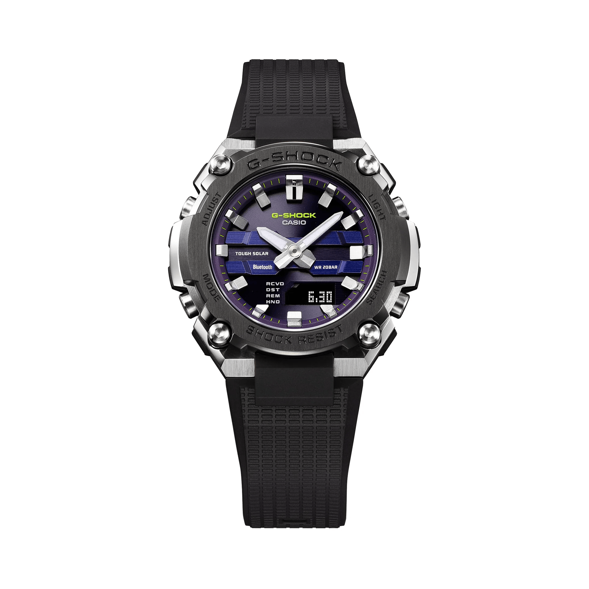 Casio G-SHOCK GSTB600A-1A6 analogue digital solar watch with black resin band, purple dial, stainless steel bezel, and Bluetooth connectivity.