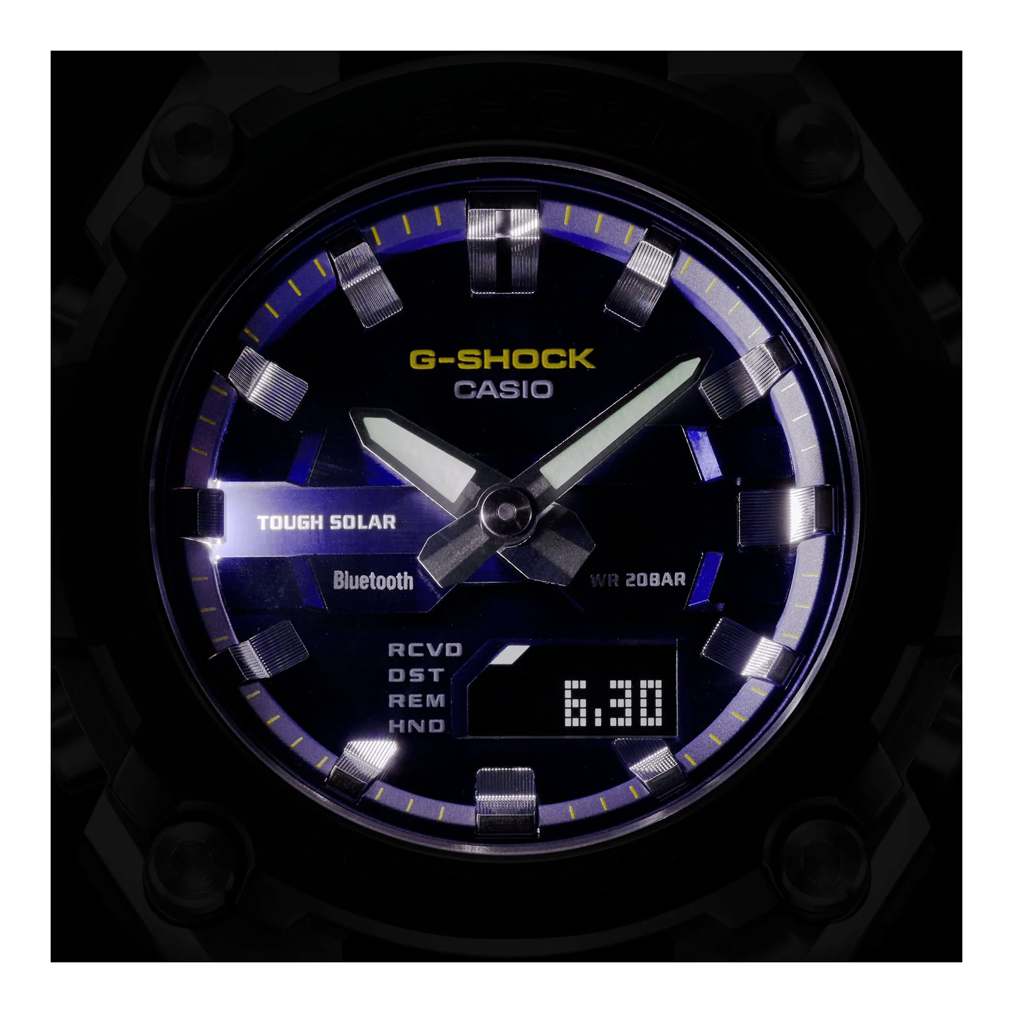Casio G-SHOCK GSTB600A-1A6 analogue digital solar watch with black resin band, purple dial, stainless steel bezel, and Bluetooth connectivity.