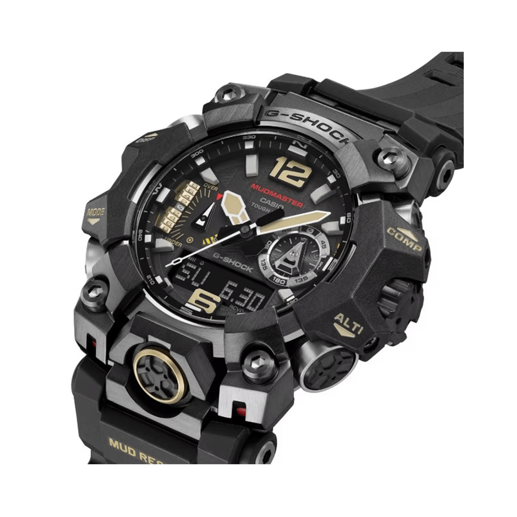 Casio G-SHOCK Mudmaster GWG-B1000-1A solar watch with black resin band, analogue digital display, triple sensor technology, and mud-resistant design.