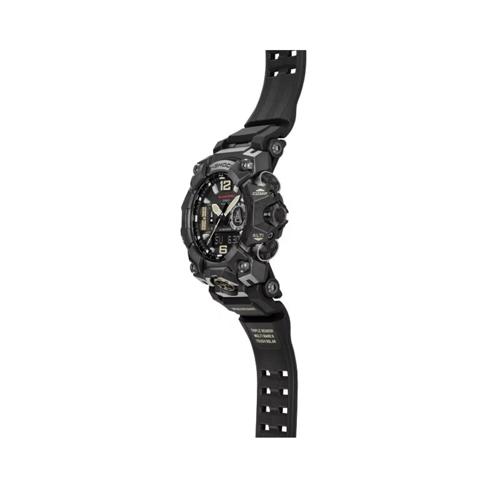 Casio G-SHOCK Mudmaster GWG-B1000-1A solar watch with black resin band, analogue digital display, triple sensor technology, and mud-resistant design.