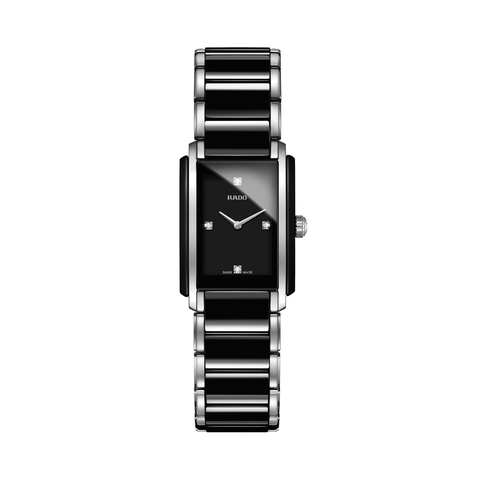 Rado Integral Diamonds 22.7mm R20613712 front view – black rectangular dial with four diamond hour markers, silver-tone hands, black high-tech ceramic and stainless steel case, matching ceramic and steel bracelet