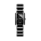 Rado Integral Diamonds 22.7mm R20613712 front view – black rectangular dial with four diamond hour markers, silver-tone hands, black high-tech ceramic and stainless steel case, matching ceramic and steel bracelet