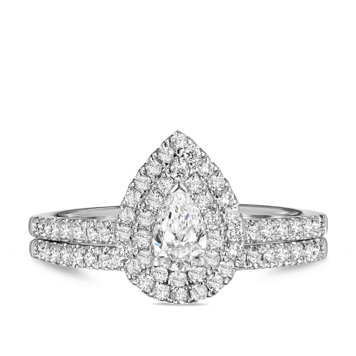 1ct TDW Pear Cut Diamond Double Halo Engagement & Wedding Bridal Set Rings in 9ct White Gold - Wallace Bishop