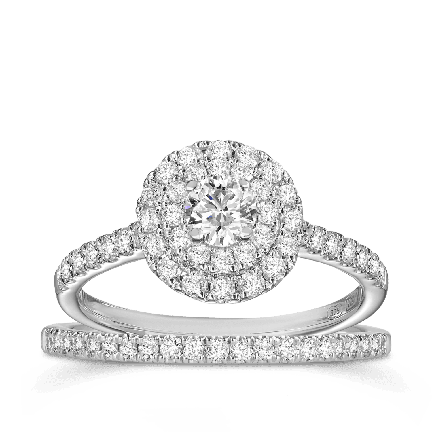 1ct TDW Round Brilliant Cut Diamond Double Halo Engagement & Wedding Bridal Set Rings in 9ct White Gold - Wallace Bishop