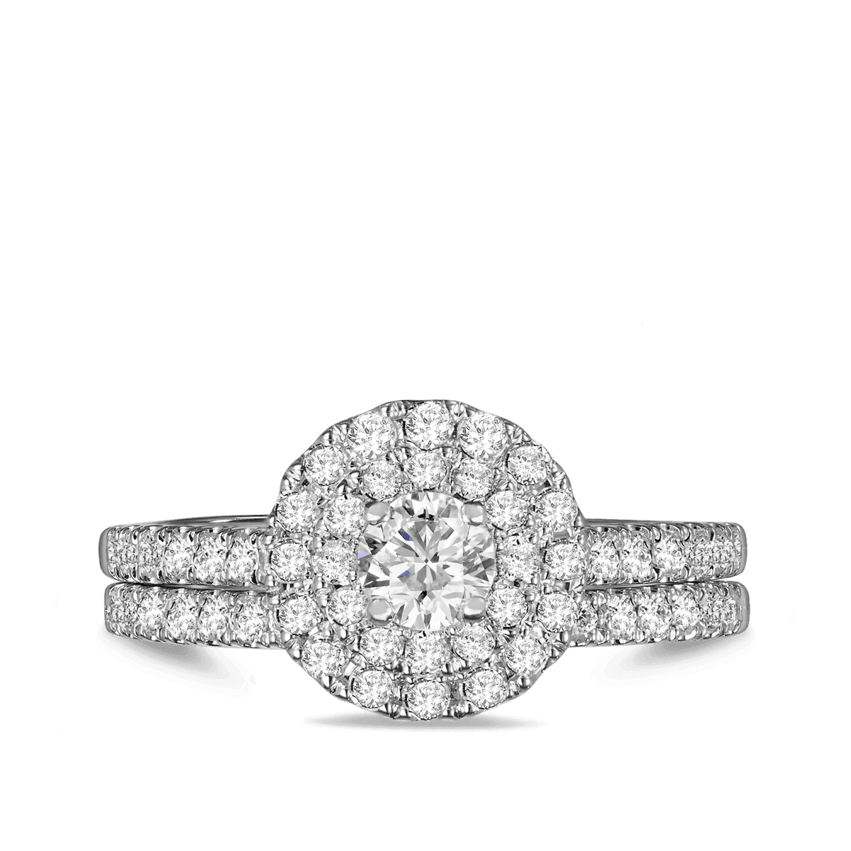 1ct TDW Round Brilliant Cut Diamond Double Halo Engagement & Wedding Bridal Set Rings in 9ct White Gold - Wallace Bishop