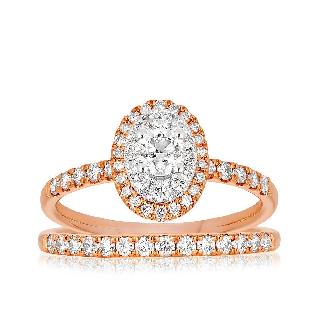 1ct TW Diamond Halo Engagement & Wedding Bridal Set in 9ct White & Rose Gold - Wallace Bishop