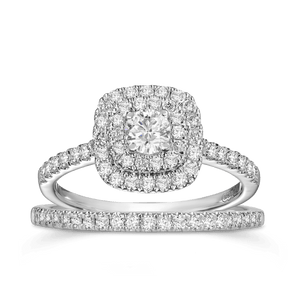 1ct TW Round Brilliant Cut Diamond Cushion Double Halo Engagement & Wedding Bridal Set Rings in 9ct White Gold - Wallace Bishop