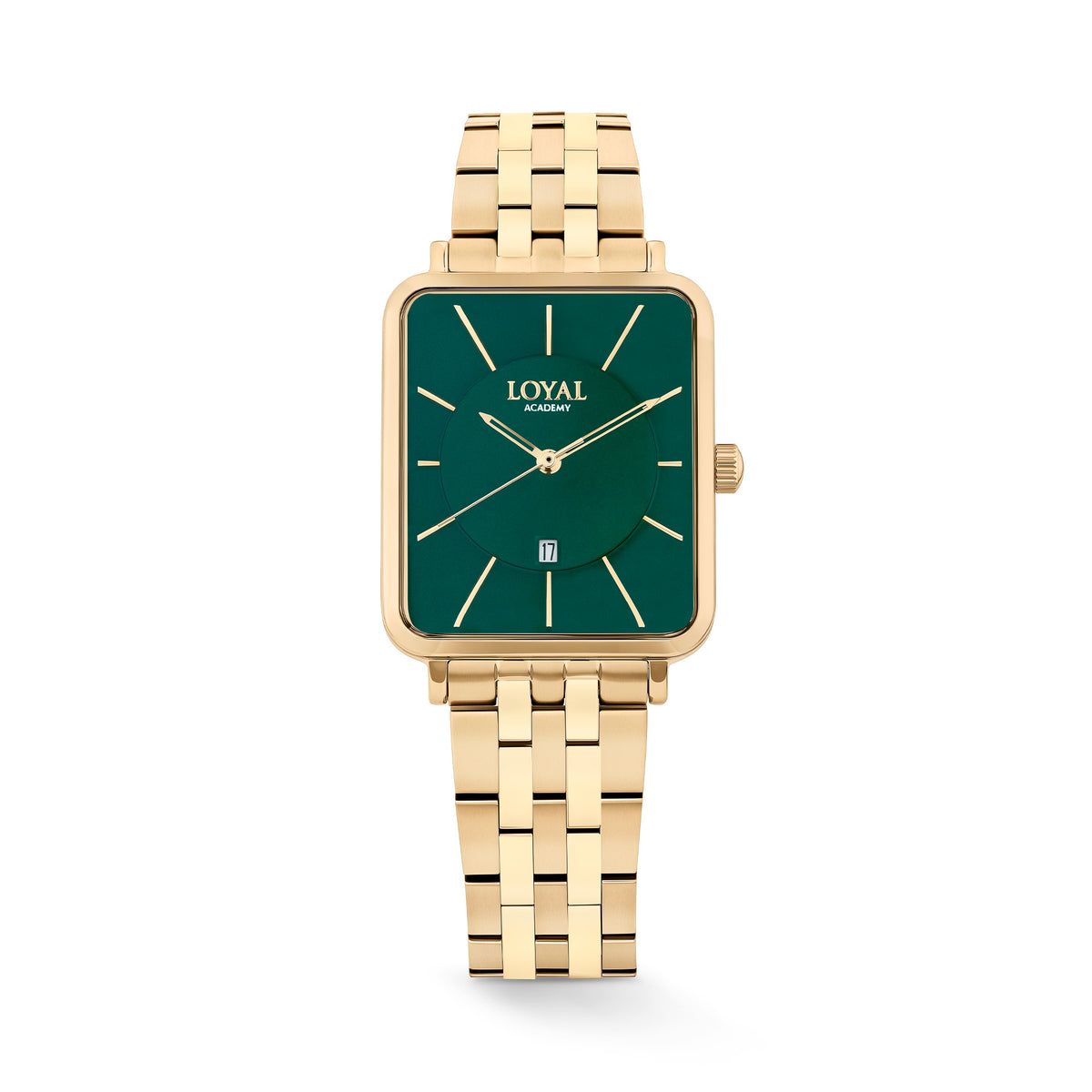The Loyal Academy Gold Dress Watch features a green dial with date function, framed by a Gold PVD rectangular case, reference 03W72FBZ1. This 26.50mm quartz watch pairs a bracelet strap with a mineral glass lens and 30m water resistance.