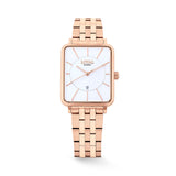 The Loyal Academy Rose Gold Dress Watch features a white dial with date function, framed by a Rose PVD rectangular case, reference 03W72FBZ1. This 26.50mm quartz watch pairs a bracelet strap with a mineral glass lens and 30m water resistance.