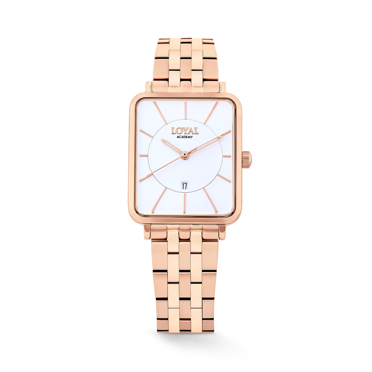 The Loyal Academy Rose Gold Dress Watch features a white dial with date function, framed by a Rose PVD rectangular case, reference 03W72FBZ1. This 26.50mm quartz watch pairs a bracelet strap with a mineral glass lens and 30m water resistance.