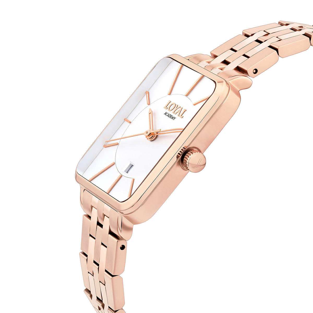 Three-quarter angle view of the Loyal Academy Rose Gold Dress Watch, reference 03W72FBZ1, showing the rectangular case profile and bracelet construction. The 26.50mm case suits a petite wrist while making a statement from this angle.