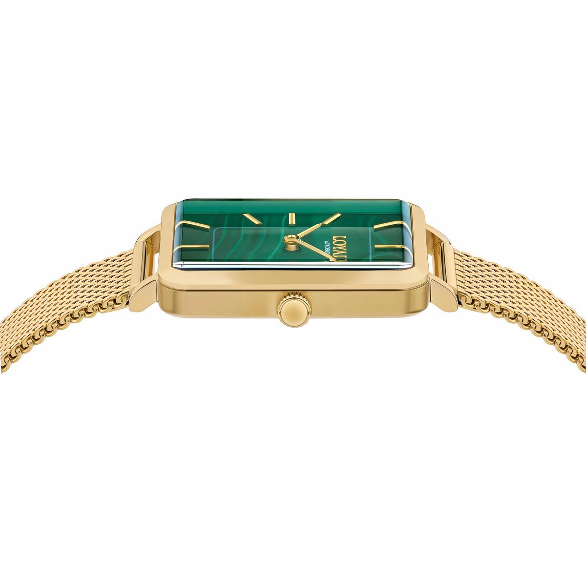 Side view of the Loyal Academy Gold PVD Women's Watch, reference 05A77FB01, showing the slim case profile and mesh bracelet construction. The 24.50mm quartz watch sits low on the wrist, suited to both everyday and dressier occasions.