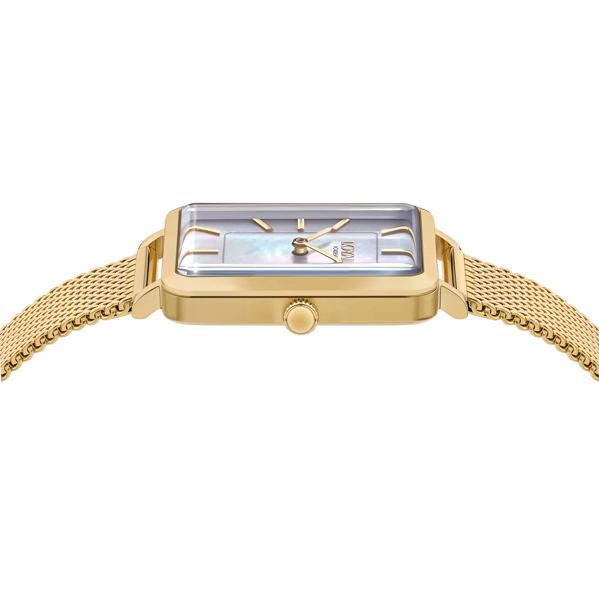 Side view of the Loyal Academy Gold PVD Women's Watch, reference 05A77FB01, showing the slim case profile and mesh bracelet construction. The 24.50mm quartz watch sits low on the wrist, suited to both everyday and dressier occasions.