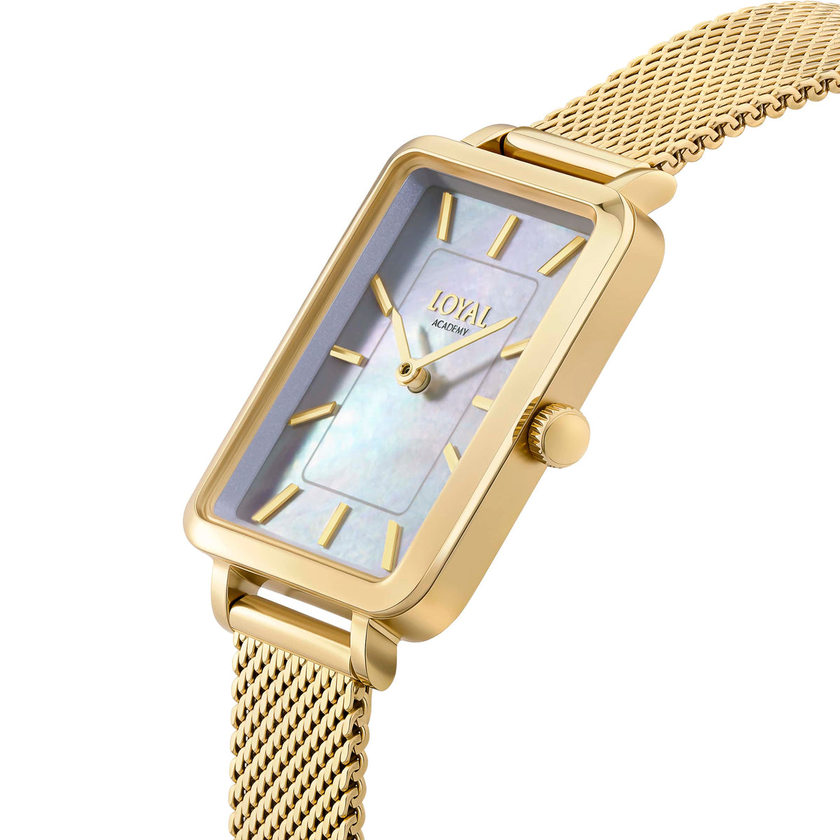 Close-up on-wrist detail of the Loyal Academy Gold PVD Women's Watch, reference 05A77FB01, highlighting the natural iridescence and lustre of the genuine Mother of Pearl dial.