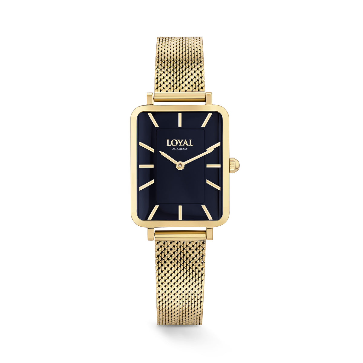 The Loyal Academy Gold Watch features a genuine Black Onyx stone dial, framed by a Gold PVD case, reference 05A77FB01. This 24.50mm quartz watch pairs a mesh bracelet with a mineral glass lens and 30m water resistance.
