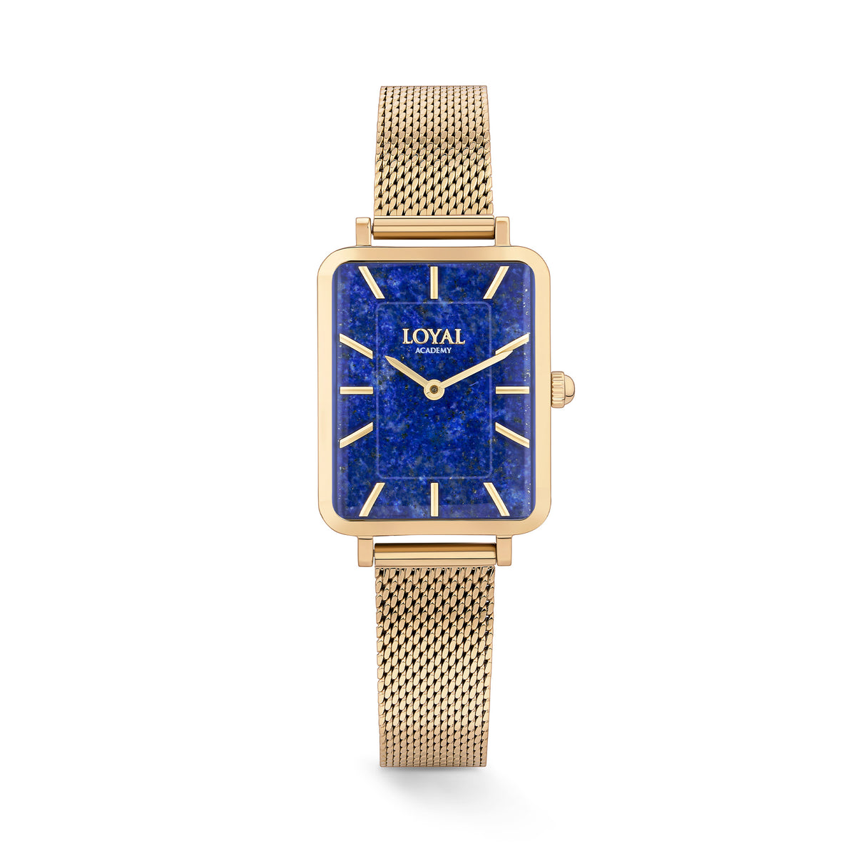 The Loyal Academy Gold Watch features a genuine Lapis Lazuli stone dial, framed by a Gold PVD case, reference 05A77FB01. This 24.50mm quartz watch pairs a mesh bracelet with a mineral glass lens and 30m water resistance.