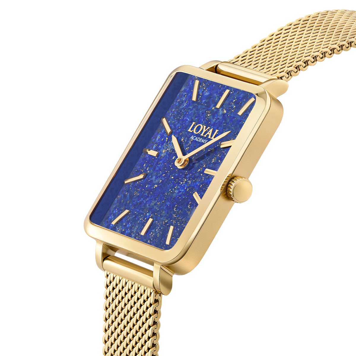 Three-quarter angle view of the Loyal Academy Gold Watch, reference 05A77FB01, showing the case profile and mesh bracelet construction. The 24.50mm case and rich, deep-blue natural stone dial are visible from this angle.