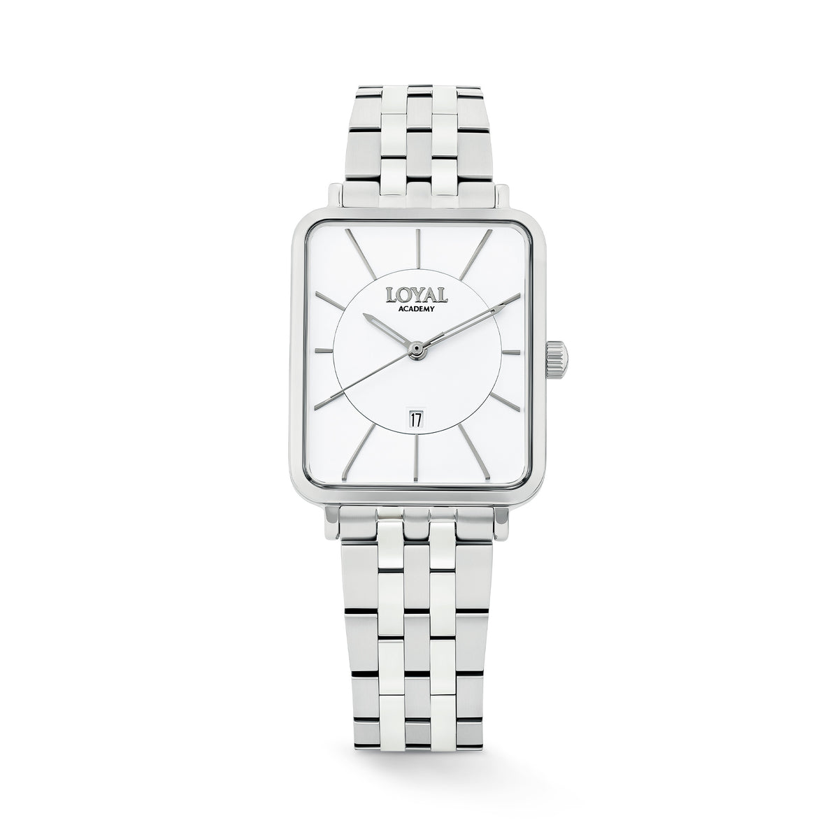 The Loyal Academy Steel Dress Watch features a white dial with date function, framed by a stainless steel rectangular case, reference 03W72FBZ1. This 26.50mm quartz watch pairs a bracelet strap with a mineral glass lens and 30m water resistance.