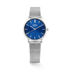 The Loyal Academy Steel Watch features a blue dial, framed by a stainless steel case, reference 03Y78FB02. This 32mm quartz watch pairs a mesh bracelet with a mineral glass lens and 30m water resistance.