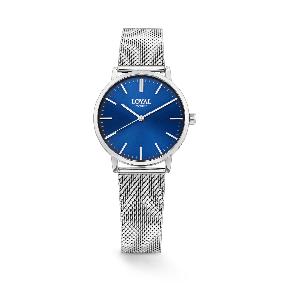 The Loyal Academy Steel Watch features a blue dial, framed by a stainless steel case, reference 03Y78FB02. This 32mm quartz watch pairs a mesh bracelet with a mineral glass lens and 30m water resistance.