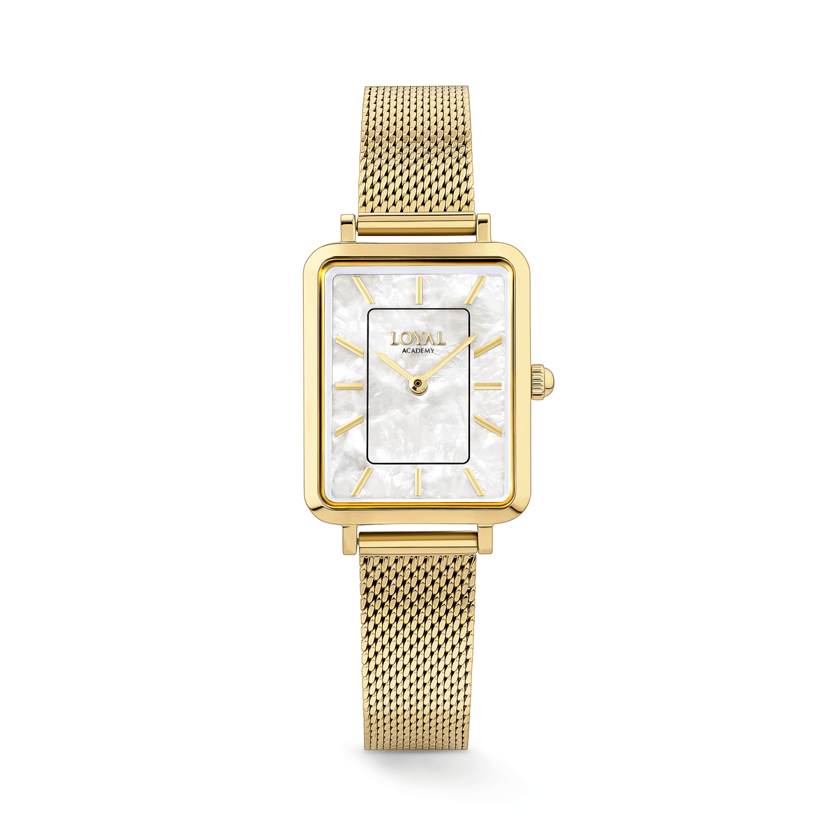 The Loyal Academy Gold PVD Women's Watch features a genuine Mother of Pearl dial framed by a Gold PVD case, reference 05A77FB01. This 24.50mm quartz watch pairs a fine mesh bracelet with a mineral glass lens for everyday wear.