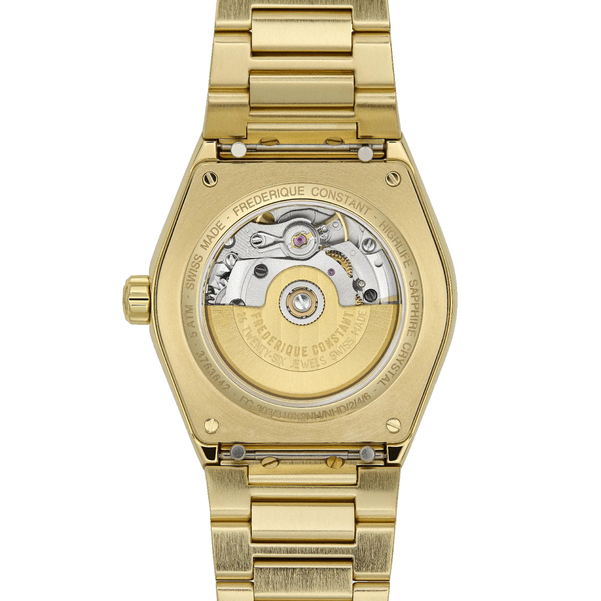 Frederique Constant Highlife Ladies Automatic Women's 34mm Watch FC-303VD2NH5B shown from the back, featuring the see-through case back that reveals the automatic FC-303 movement. The exhibition window offers a clear view of the mechanism inside the stainless steel case, which carries a 38-hour power reserve.