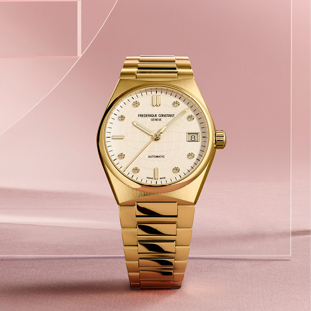 Frederique Constant Highlife Ladies Automatic Women's 34mm Watch FC-303VD2NH5B styled in a lifestyle setting, reflecting its versatile design for both everyday and dressier occasions. The gold-tone finish and diamond-accented dial complement a range of outfits from casual to formal.