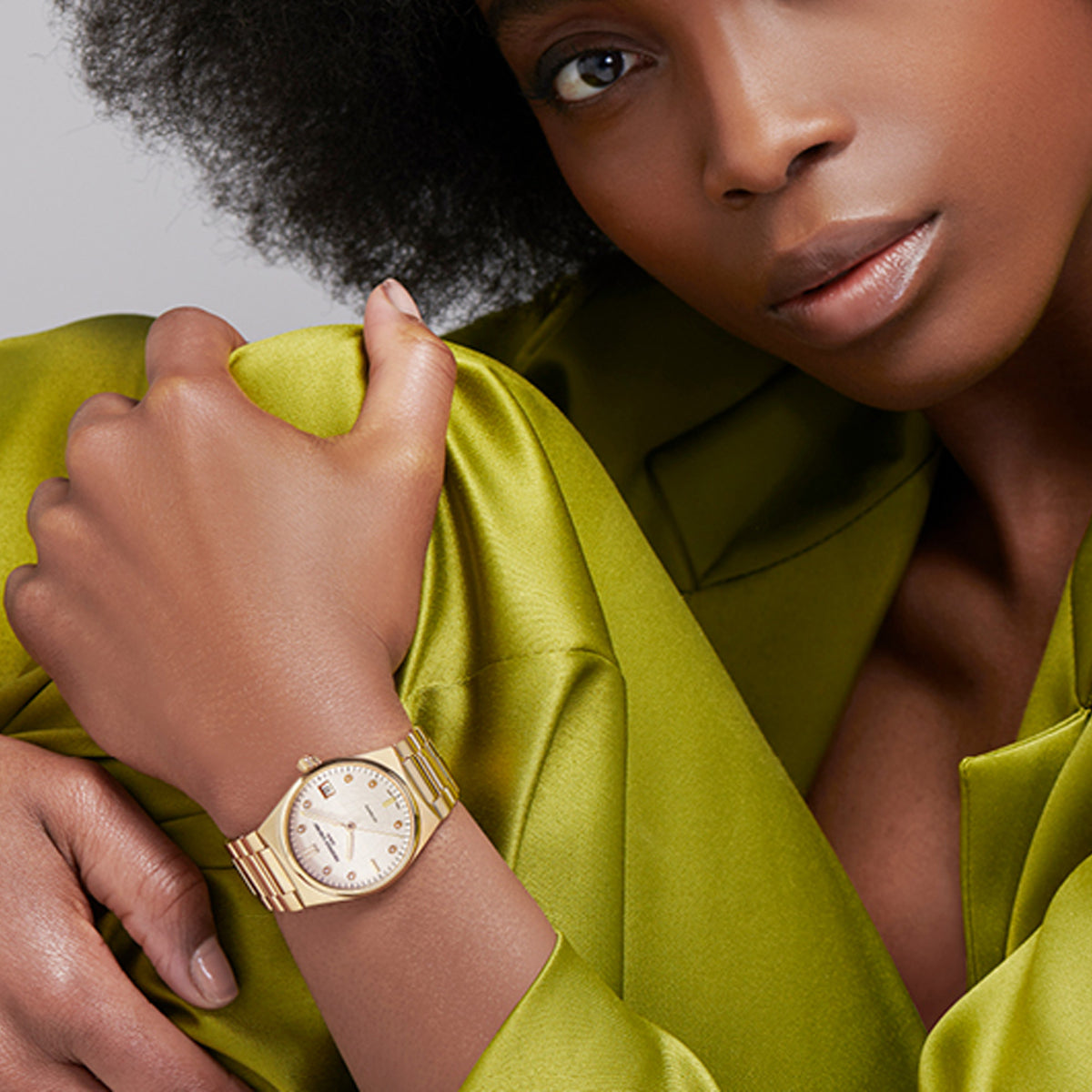 Frederique Constant Highlife Ladies Automatic Women's 34mm Watch FC-303VD2NH5B worn on the wrist, demonstrating the comfortable fit of its petite 34mm case and integrated bracelet design. The construction allows the watch to sit naturally against the skin for everyday wear.