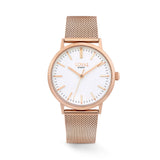 The Loyal Academy Rose Gold Watch features a white dial, framed by a Rose PVD case, reference 03Y78FB02. This 32mm quartz watch pairs a mesh bracelet with a mineral glass lens and 30m water resistance.