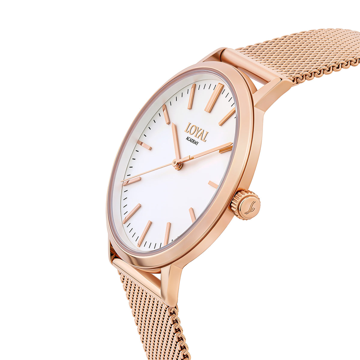 Three-quarter angle view of the Loyal Academy Rose Gold Watch, reference 05C75MB01, showing the case profile and mesh bracelet construction. The 39mm case sits comfortably on the wrist, suited to both everyday and dressier occasions, alongside the bonus brown leather strap included with this set.