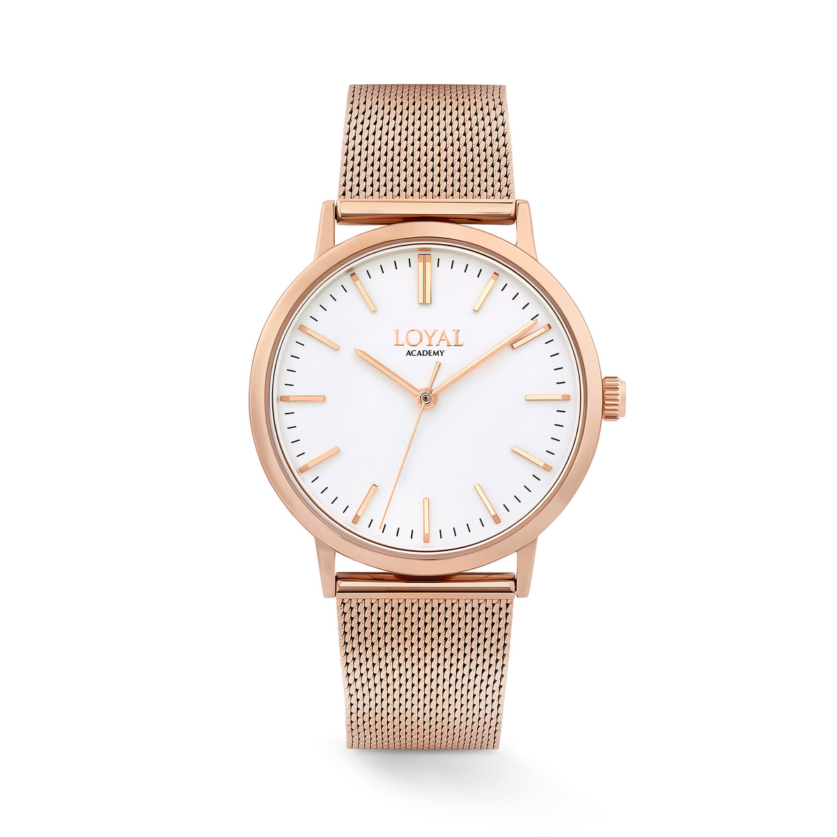 The Loyal Academy Rose Gold Watch features a white dial, framed by a Rose PVD case, reference 05C75MB01. This 39mm quartz watch pairs a mesh bracelet with a mineral glass lens and 30m water resistance.