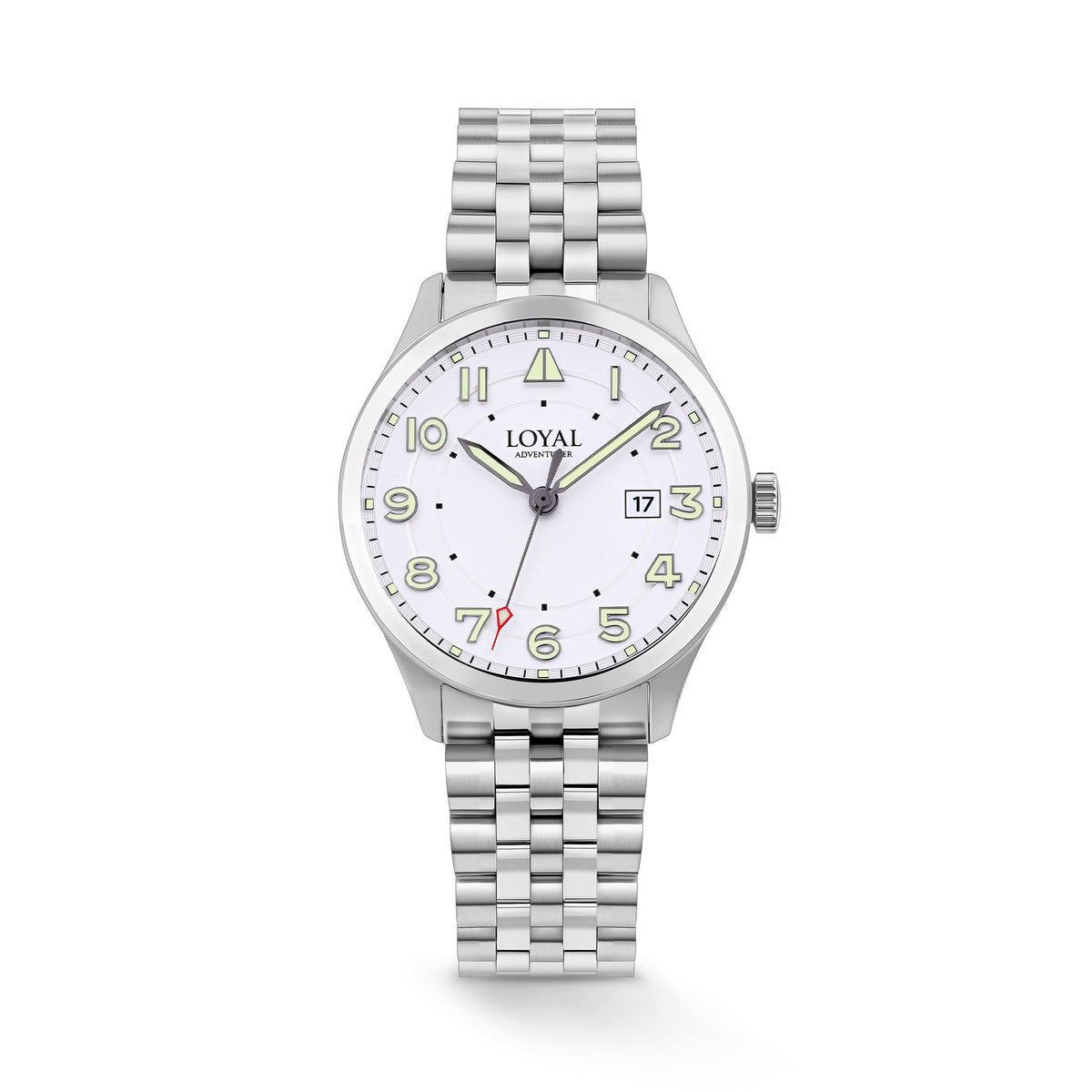 The Loyal Adventurer Pilot Watch features a white dial with luminous hands and markers, framed by a stainless steel case, reference 05C96MB01. This 40mm quartz watch pairs a stainless steel bracelet with a sapphire glass lens and 100m water resistance.
