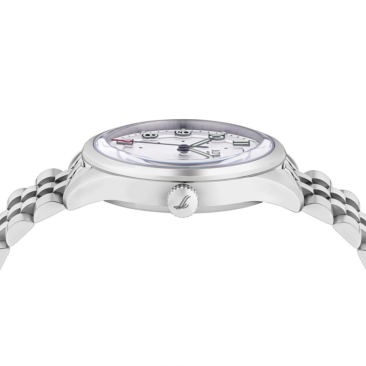 Side view of the Loyal Adventurer Pilot Watch, reference 05C96MB01, showing the case profile and stainless steel bracelet construction. The 40mm quartz watch sits comfortably on the wrist, suited to both everyday and active wear.