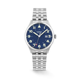 The Loyal Adventurer Pilot Watch features a blue dial with luminous hands and markers, framed by a stainless steel case, reference 05C96MB01. This 40mm quartz watch pairs a stainless steel bracelet with a sapphire glass lens and 100m water resistance.