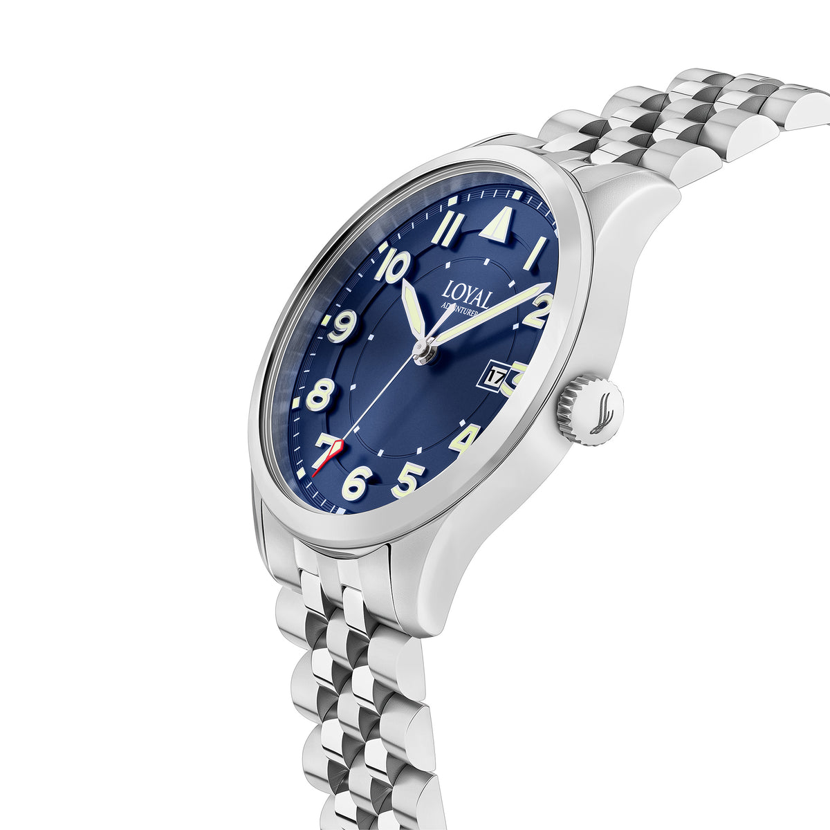 Three-quarter angle view of the Loyal Adventurer Pilot Watch, reference 05C96MB01, showing the case profile and stainless steel bracelet construction. The 40mm case and 12 o'clock orientation triangle are visible from this angle, alongside the bonus blue leather strap included with this set.