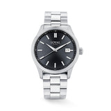 The Loyal Academy Steel Sports Watch features a black dial with date function, framed by a stainless steel case, reference 03R85MBZ2. This 40mm quartz watch pairs a stainless steel bracelet with a mineral glass lens and 100m water resistance.