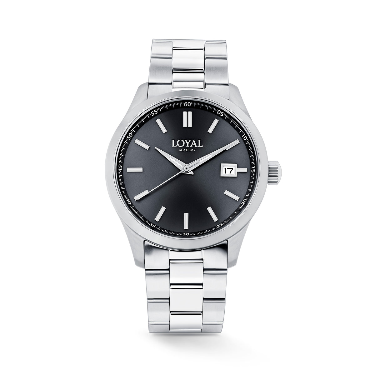 The Loyal Academy Steel Sports Watch features a black dial with date function, framed by a stainless steel case, reference 03R85MBZ2. This 40mm quartz watch pairs a stainless steel bracelet with a mineral glass lens and 100m water resistance.
