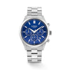 The Loyal Academy Steel Chronograph Watch features a blue dial with chronograph sub-dials, framed by a stainless steel case, reference 03R85MBZ1. This 40mm quartz watch pairs a stainless steel bracelet with a mineral glass lens and 100m water resistance.