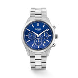 The Loyal Academy Steel Chronograph Watch features a blue dial with chronograph sub-dials, framed by a stainless steel case, reference 03R85MBZ1. This 40mm quartz watch pairs a stainless steel bracelet with a mineral glass lens and 100m water resistance.