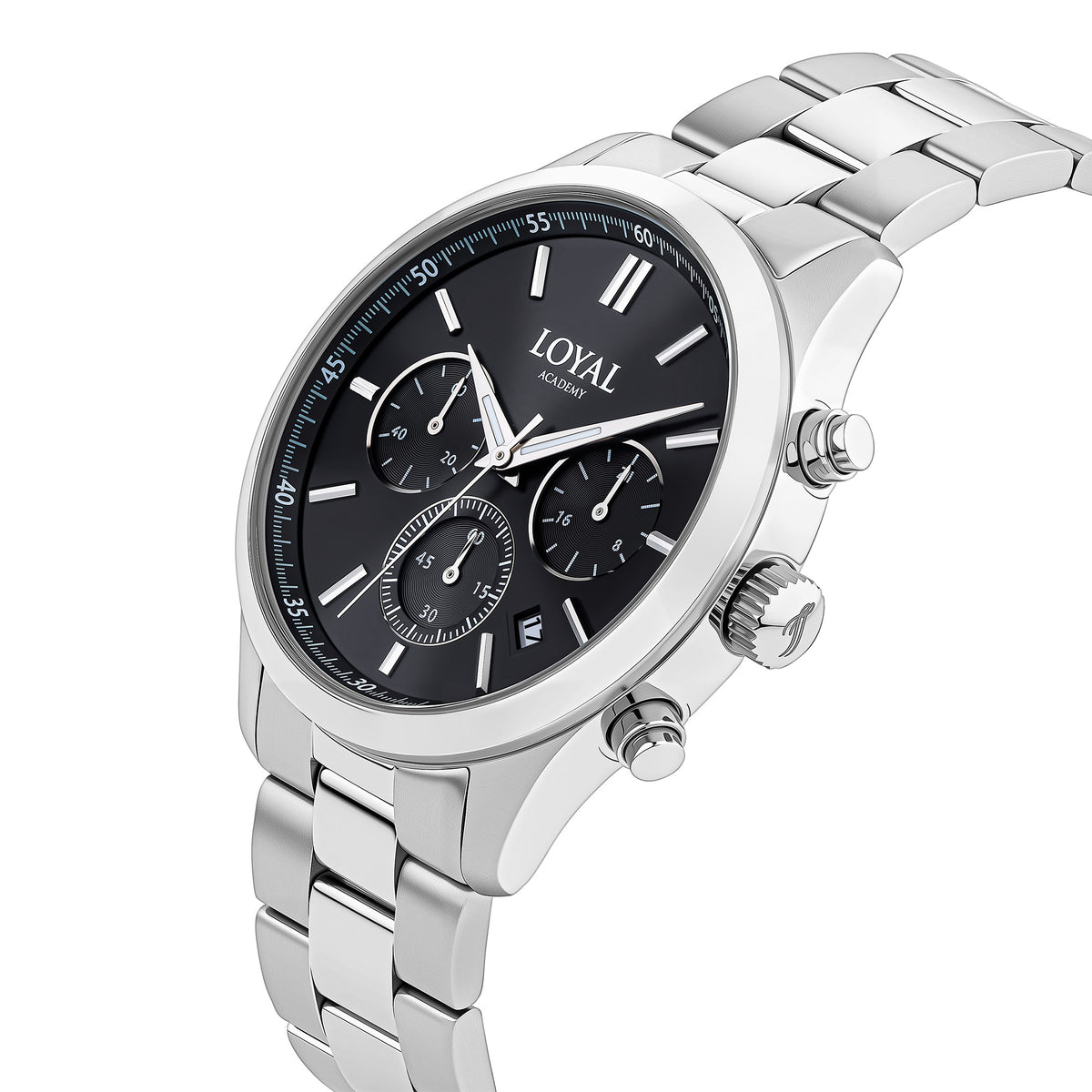 Three-quarter angle view of the Loyal Academy Steel Chronograph Watch, reference 03R85MBZ1, showing the case profile and stainless steel bracelet construction. The 40mm case and chronograph sub-dials are visible from this angle.