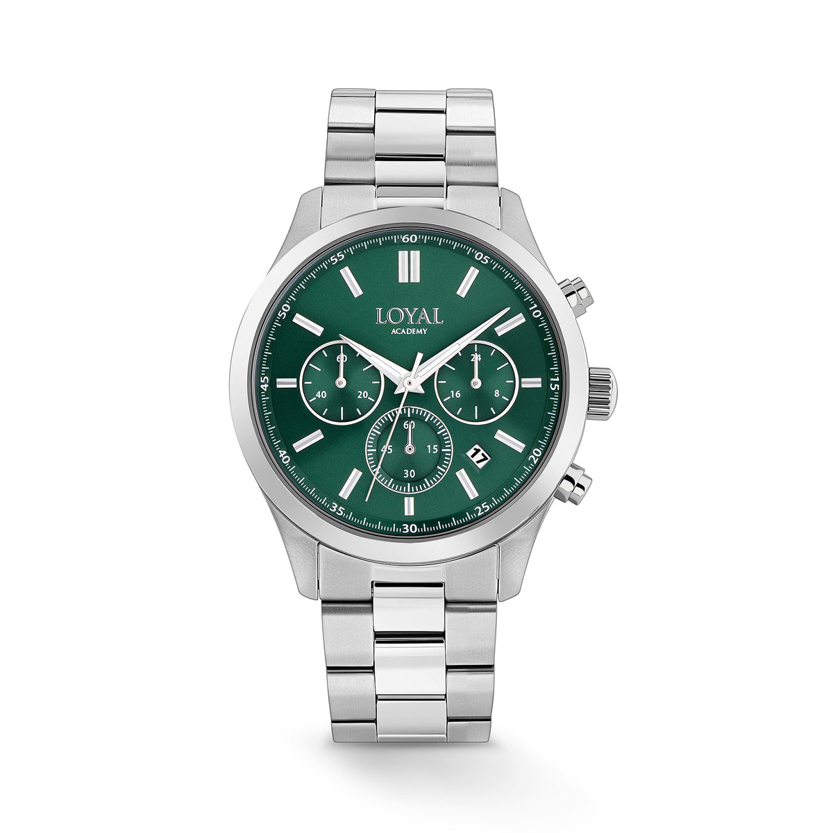 The Loyal Academy Steel Chronograph Watch features a green dial with chronograph sub-dials, framed by a stainless steel case, reference 03R85MBZ1. This 40mm quartz watch pairs a stainless steel bracelet with a mineral glass lens and 100m water resistance.